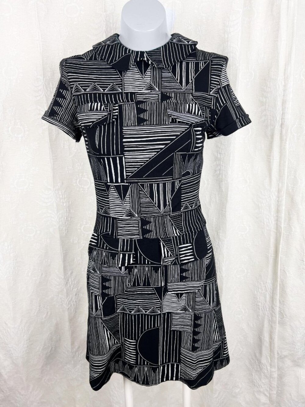 Nooworks Suzy dress black multi stripe Peter Pan collar mini stretch cotton S